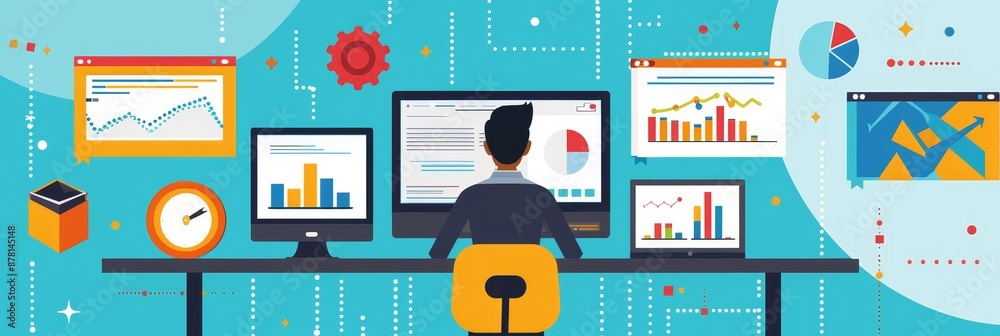 Poster data analysis: business intelligence and data visualization - a man sits in front of a computer, ana