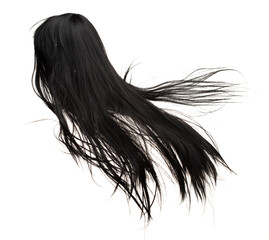 Long straight Wig hair style fly from strong wind. Black woman wig wave hair float in mid air. Straight black curl wig hair wind blow storm. White background isolated high speed freeze motion