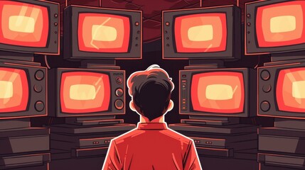 Dark background with man glued to the TV, symbolizing addiction to propaganda and fake news.