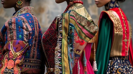 Fototapeta premium Ethnic fabrics add unique, vibrant cultural patterns to modern fashion, creating diverse, rich styles.