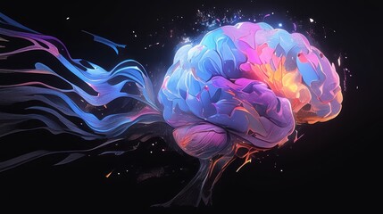 Obraz premium Abstract human brain, on dark background. Colorful smoke creates a visual effect concept of increasing energy and mental activity, ideas, intelligence, imagination, creative thinking or memory.