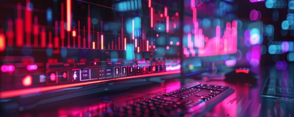 A computer with financial graphs and data overlay, representing data analysis