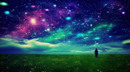 Naklejka premium Enchanting image of man gazing at glowing nebula in wheat field under night sky.