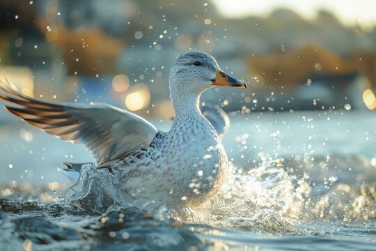 A duck gracefully splashing in the water creating a mesmerizing view with ripples spread across the serene water, reflecting the warm hues of the setting sun in the background.