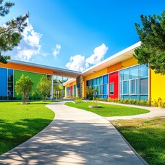 Bright Welcoming School Building in Sunlight