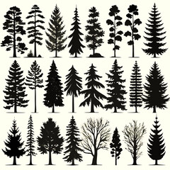 Obraz premium Set of tree silhouettes vector illustration. Black pine, spruce, oak, linden, sedge, chestnut tree
