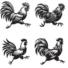4 sets black of  Chicken Running silhouette isolated on white background png jpeg eps transparents © Danish
