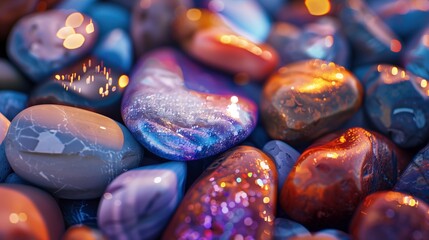 Glittering sea stones with neon highlights texture background image. Bokeh light pebbles sparkling artistic photo backdrop wallpaper realistic. Creative natural concept photorealistic