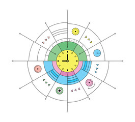 Clock concept in colorful, digital interface. round digital interface and clock symbol