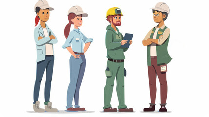 Obraz premium Four Workers Standing Together in a Row - job safety inspections flat design side view evaluation theme cartoon drawing colored pastel - job safety inspections flat design side view evaluation theme c
