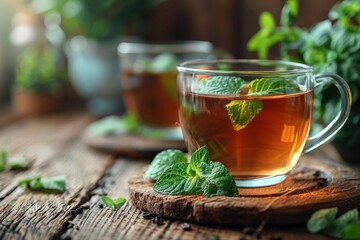 A steaming hot glass of mint tea sits on a rustic wooden table, adorned with fresh mint leaves, creating a serene and calming atmosphere for relaxation and wellness.