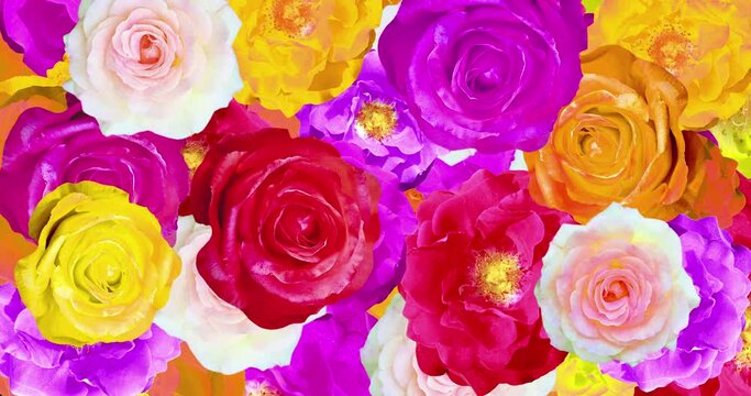Looped animated background of randomly rotating colorful rose flowers
