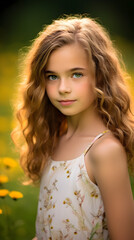 Naklejka premium Vibrant Portrait of a Captivating European Child Amid a Lush Meadow of Wildflowers