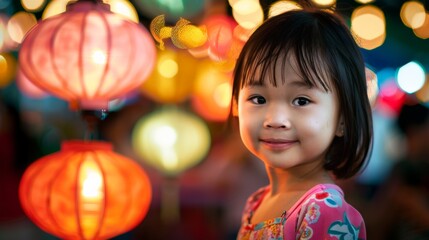 Fototapeta premium A young girl smiles, illuminated by lanterns