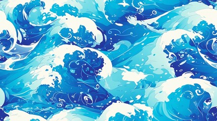 seamless pattern: sea ocean waves, storm in anime style. ai generated