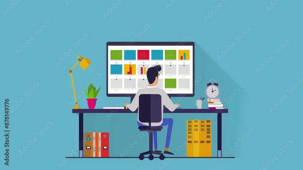 Poster man working on desktop computer - a man is sitting at his desk in front of his computer, working on 