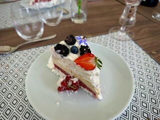 Delicious Slice of Layered Berry Cake with Fresh Fruits and Whipped Cream Garnish on a Modern Plate