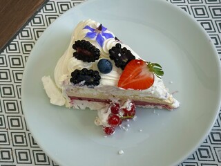Delicious Slice of Layered Berry Cake with Fresh Fruits and Whipped Cream Garnish on a Modern Plate