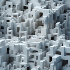 Fototapeta premium Abstract cityscape featuring geometric shapes with depth and perspective. Minimalistic white palette creates a futuristic architectural concept. 3D rendering showcases a modern and innovative design