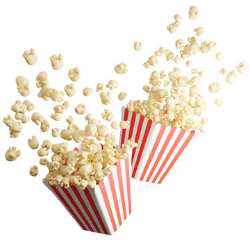 3d render of popcorn floating out of strip bucket.