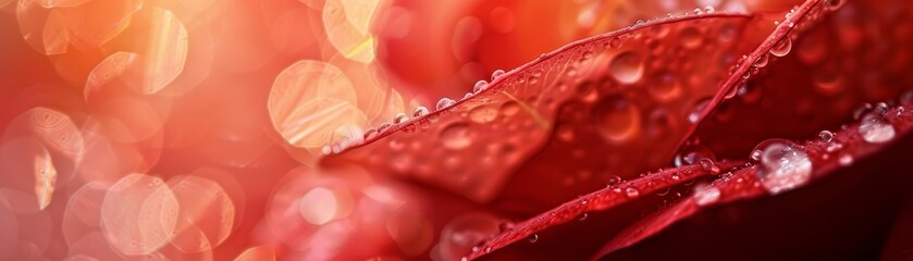 Red Flower Petal with Dew Drops and Bokeh - A close-up macro shot of a red flower petal with dew drops and bokeh in the background. The vivid red color and sparkling dew drops create a beautiful and r