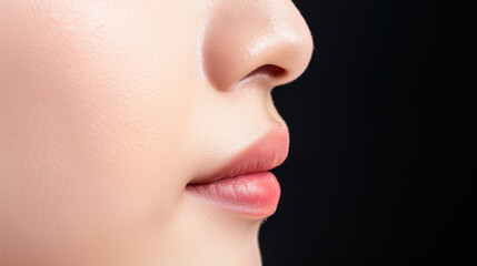 Stunning profile of a woman with flawless skin and makeup, set against a sleek black backdrop.