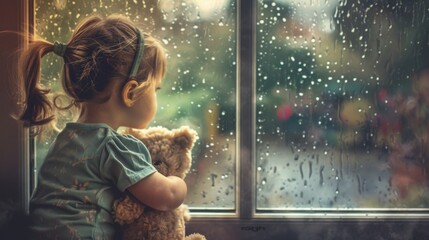 A young girl in a blue shirt holds a teddy bear while looking out a window at the rain