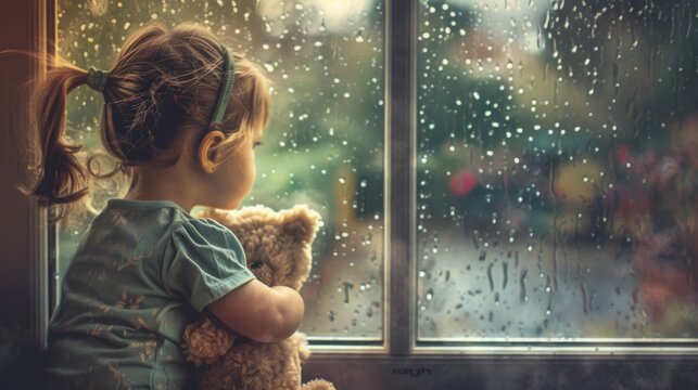 A young girl in a blue shirt holds a teddy bear while looking out a window at the rain
