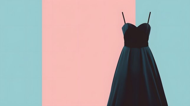Modern Black Dress Against Two Tone Blue and Pink Background