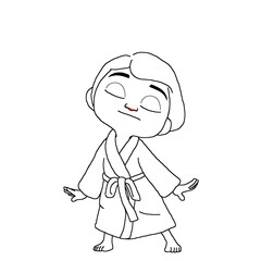 The character with pajamas waking up in the morning and stretching while half-asleep.