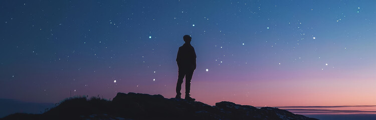 Naklejka premium Silhouette of a Man Under a Starry Sky - Astronomer silhouetted against a clear starry night sky, minimal background with soft gradient hues, stock photo with a serene and contemplative atmosphere. - 