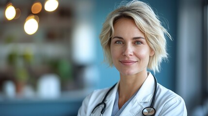 Confident blonde female doctor stands in brightly lit office portrait image. Professional woman smiles gently picture photorealistic photography. Medical expertise concept photo
