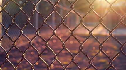 Fototapeta premium Chain link fence and post in focus on a sunny morning