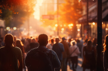 A bustling city street filled with people during sunset, capturing the vibrant urban life