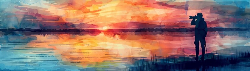 Fototapeta premium Silhouette of a Photographer Capturing the Sunset over a Lake - A silhouette of a photographer capturing a stunning sunset over a serene lake, showcasing the beauty of nature and the art of photograph