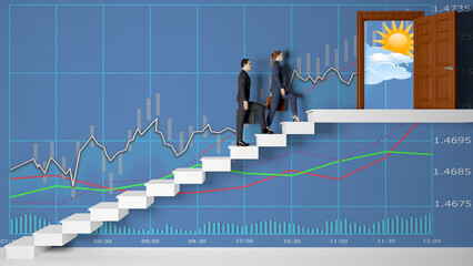 Illustrazione 3D. Uomo e donna d'affari salgono la scala del successo nella finanza e nell'economia. Affari, architettura, persone, futuro.