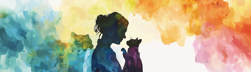 Silhouette of a Woman with a Cat on a Watercolor Background - Silhouetted veterinarian tenderly examining a small animal, background in light pastel shades, illustrated in a cute watercolor style - Si