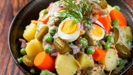 A bowl of a salad with boiled eggs, peas and carrots, AI
