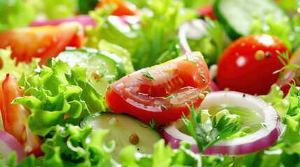 Lettuce leaves, onion, tomato pieces in salad close-up