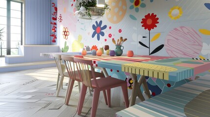 A playful dining area with a multicolored table, mismatched chairs, and whimsical wall decals