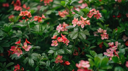 Pink and red flowers in green foliage Spring blooms Flora backdrop Nature scene