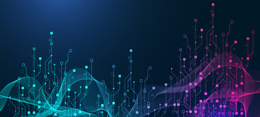Artificial Intelligence or machine learning vector design. Quantum computer technology concept with circuit board and motherboard texture background design. Waves flow quantum explosion