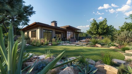 Ranch-style home with a backyard designed as a nature reserve, featuring native plants and habitats for local wildlife