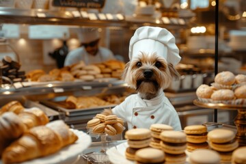 dog dressed in a chef baker hat and apron, preparing macarons and croissants in  charming boulangerie, the aroma of freshly baked pastries, dogs acting like humans