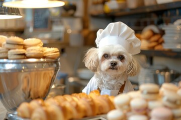 dog dressed in a chef baker hat and apron, preparing macarons and croissants in  charming boulangerie, the aroma of freshly baked pastries, dogs acting like humans