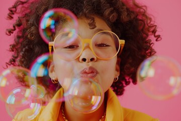 curly hair diverse girl in vibrant outfit blowing soap bubbles closeup on pink background