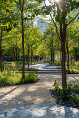 Obraz premium A park with a path lined with trees and a bench