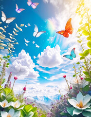A vibrant summer scene of butterflies fluttering over a lush garden Image description