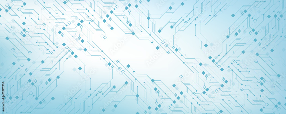 Leinwandbilder Artificial Intelligence or machine learning vector design. Quantum computer technology concept with circuit board and motherboard texture background design. Waves flow quantum explosion