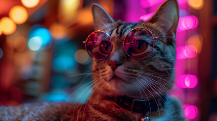 Cat Wearing Sunglasses in Neon Lights